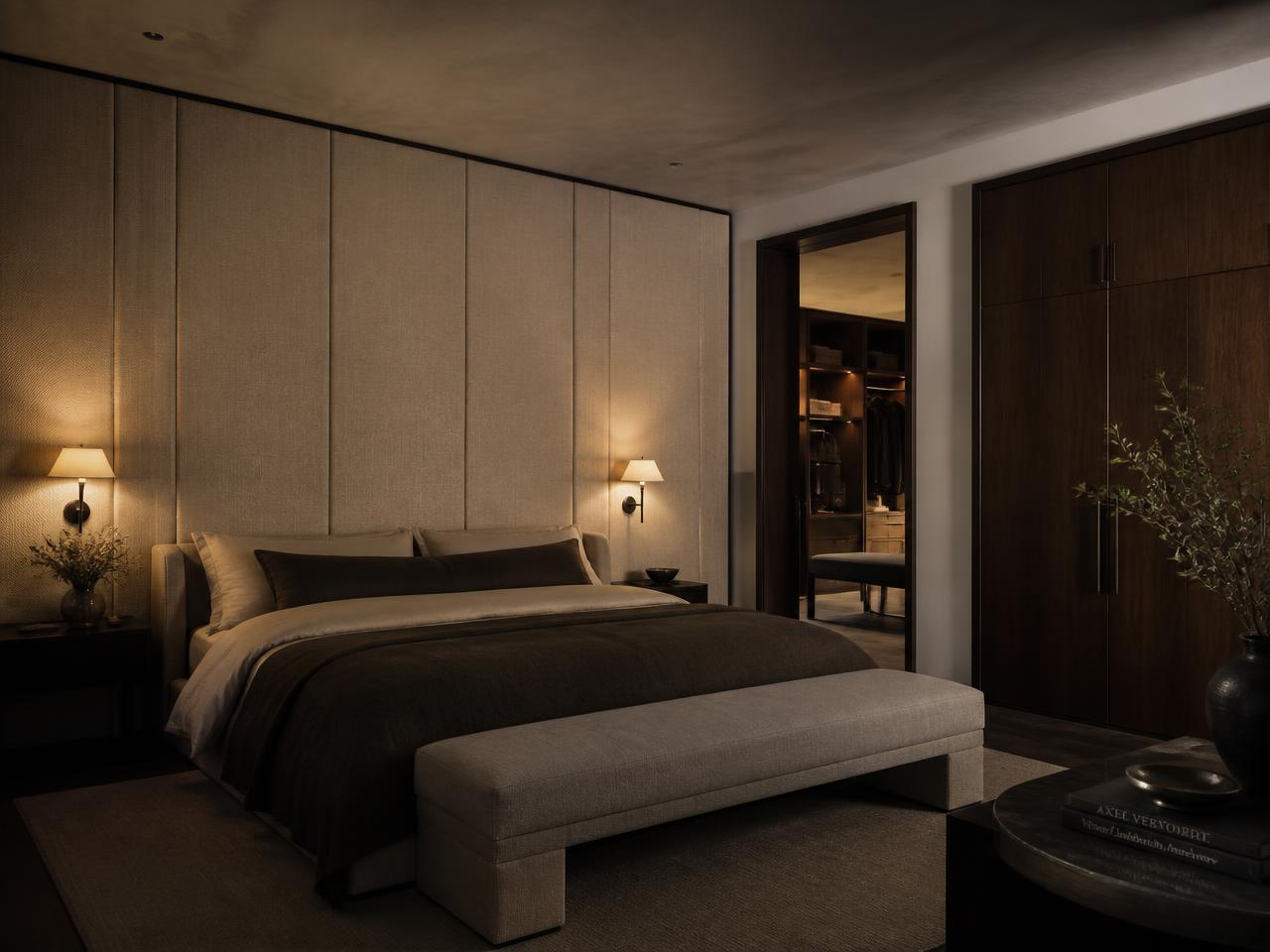 Master bedroom with upholstered headboard wall and walnut wardrobes